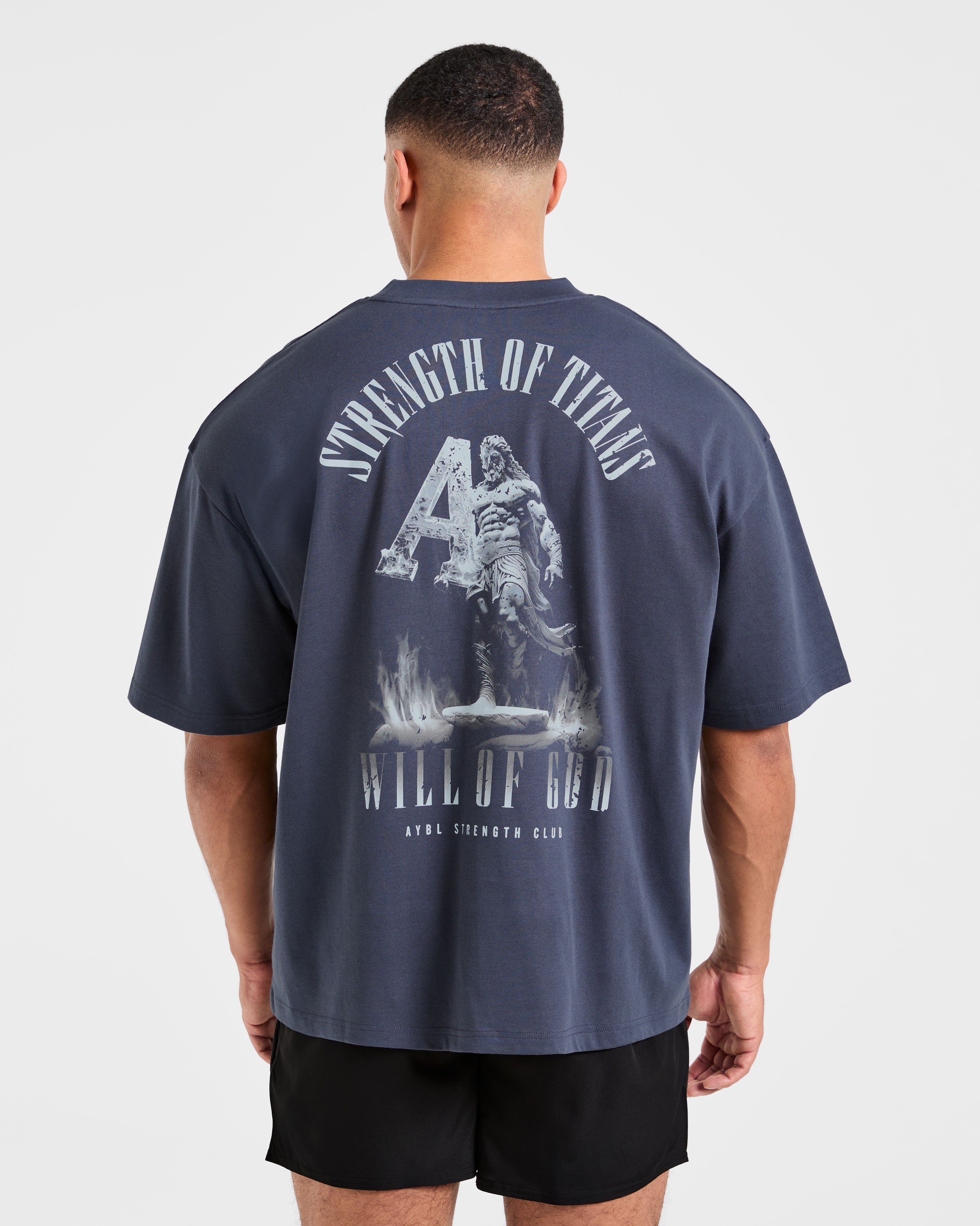 Camiseta Oversized Strength of Titans - Azul Océano Profundo