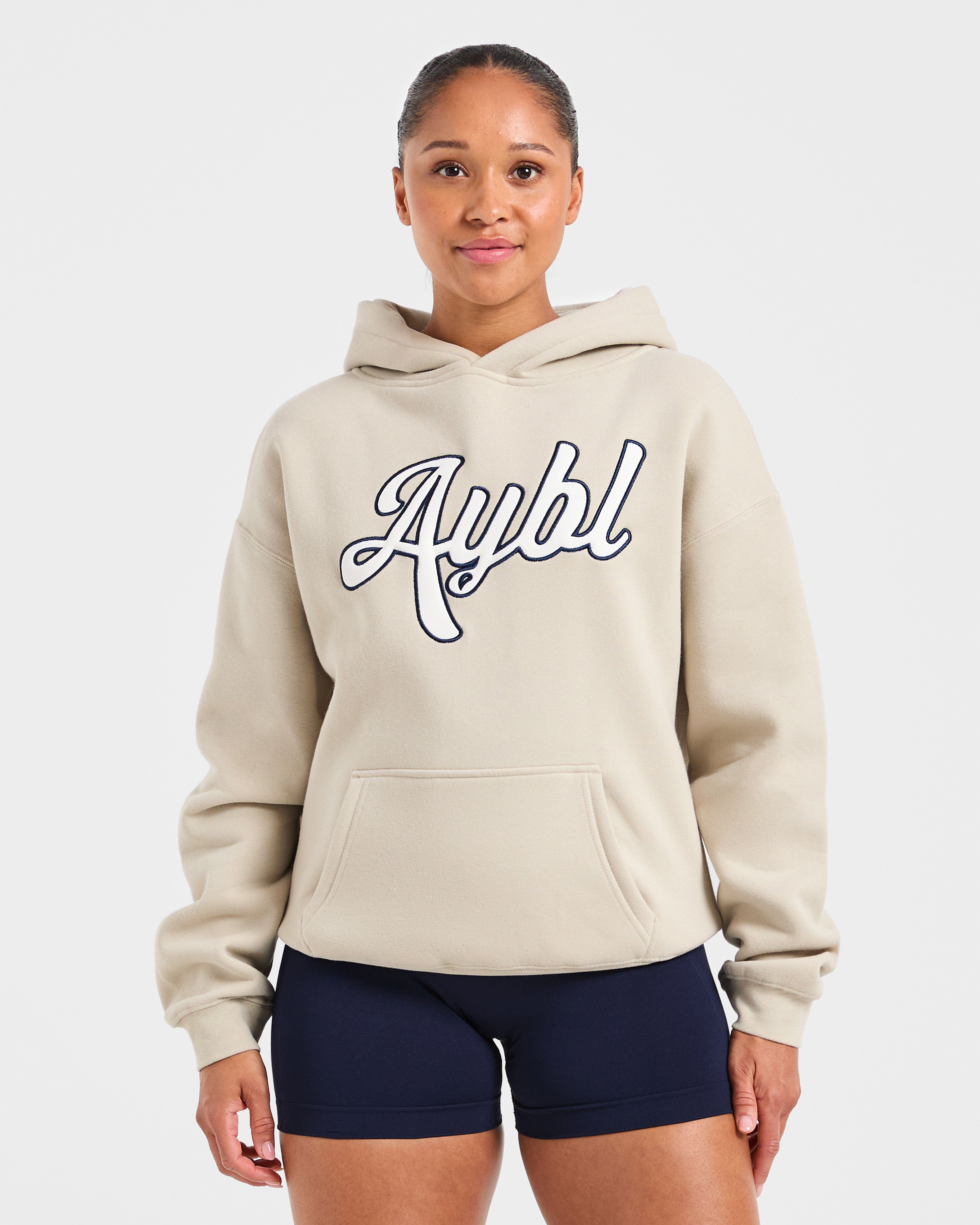 Sudadera Oversized con Bordado de Letras - Beige/Azul Marino