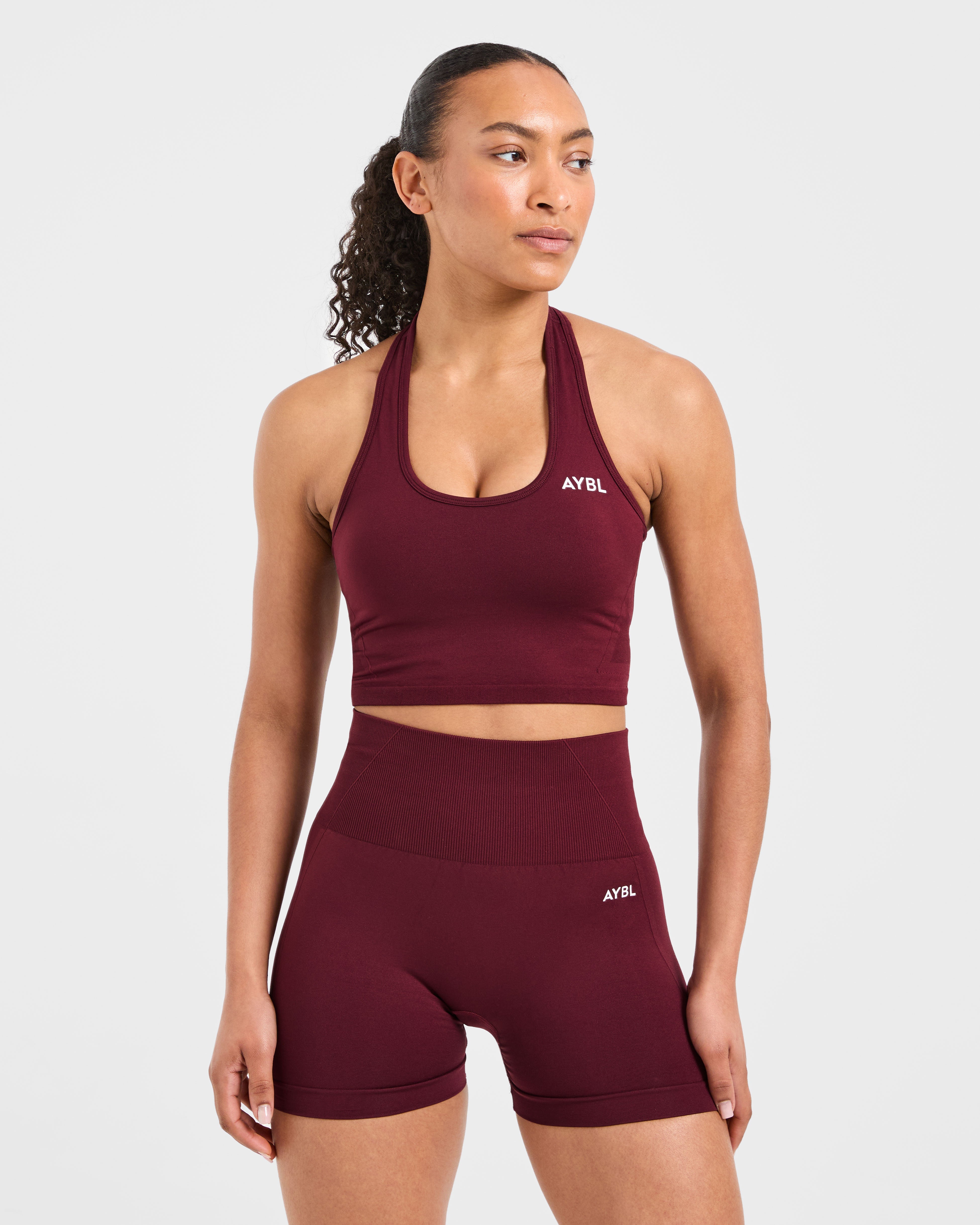Top Corto Sin Costuras con Cuello Halter Empoderador - Rojo Vino