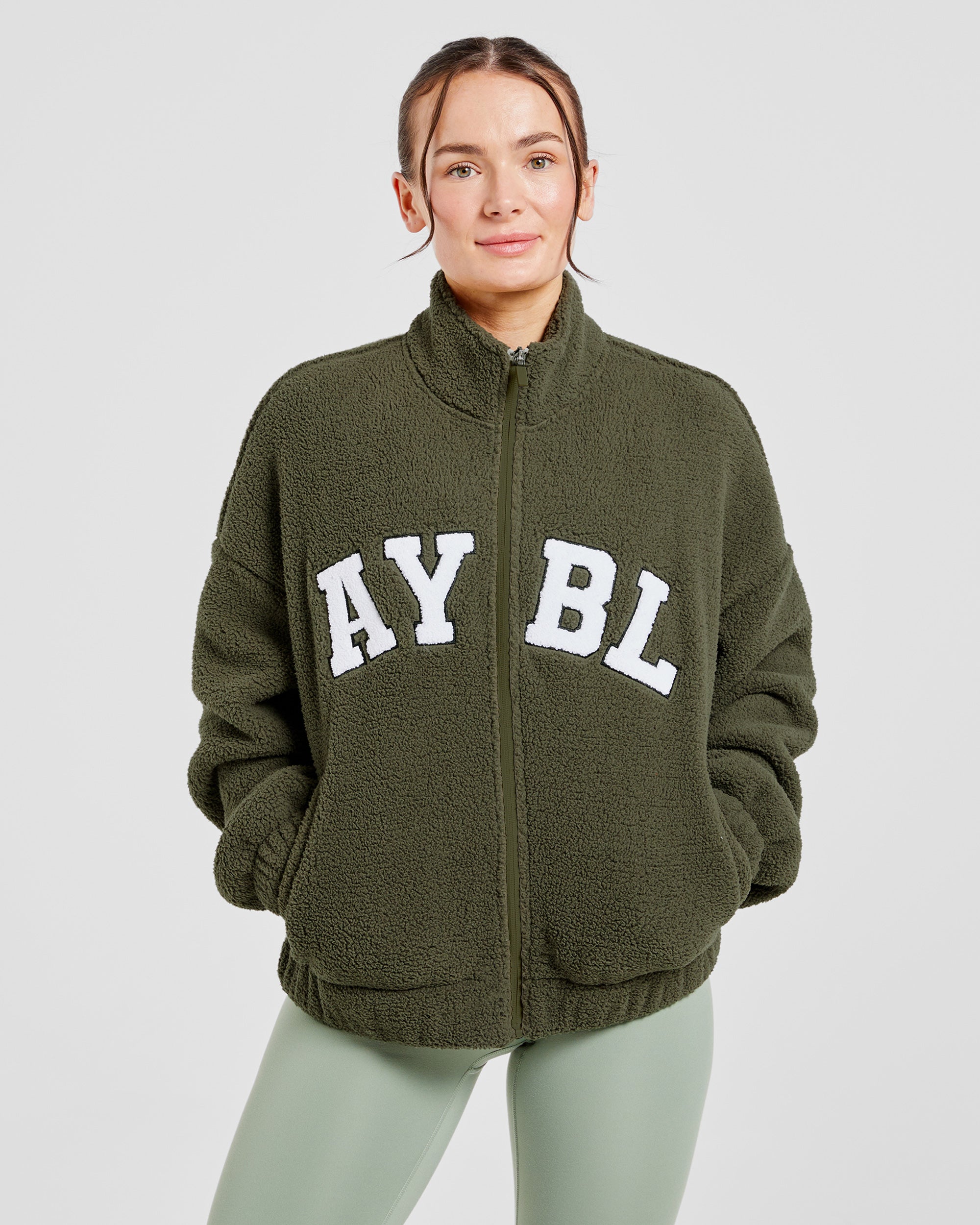 Chaqueta de Fleece Oversized con Cremallera Varsity - Verde Oliva