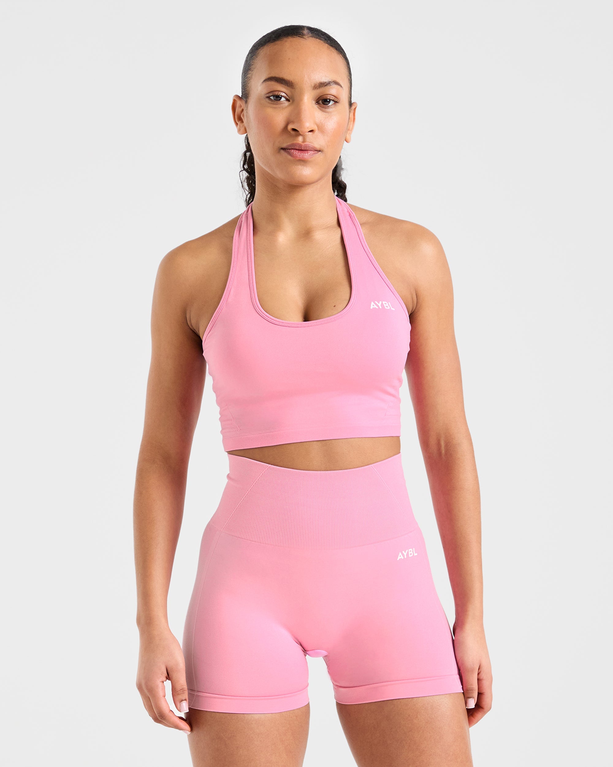 Empower Top Corto Sin Costuras de Escote Halter - Rosa Bebé