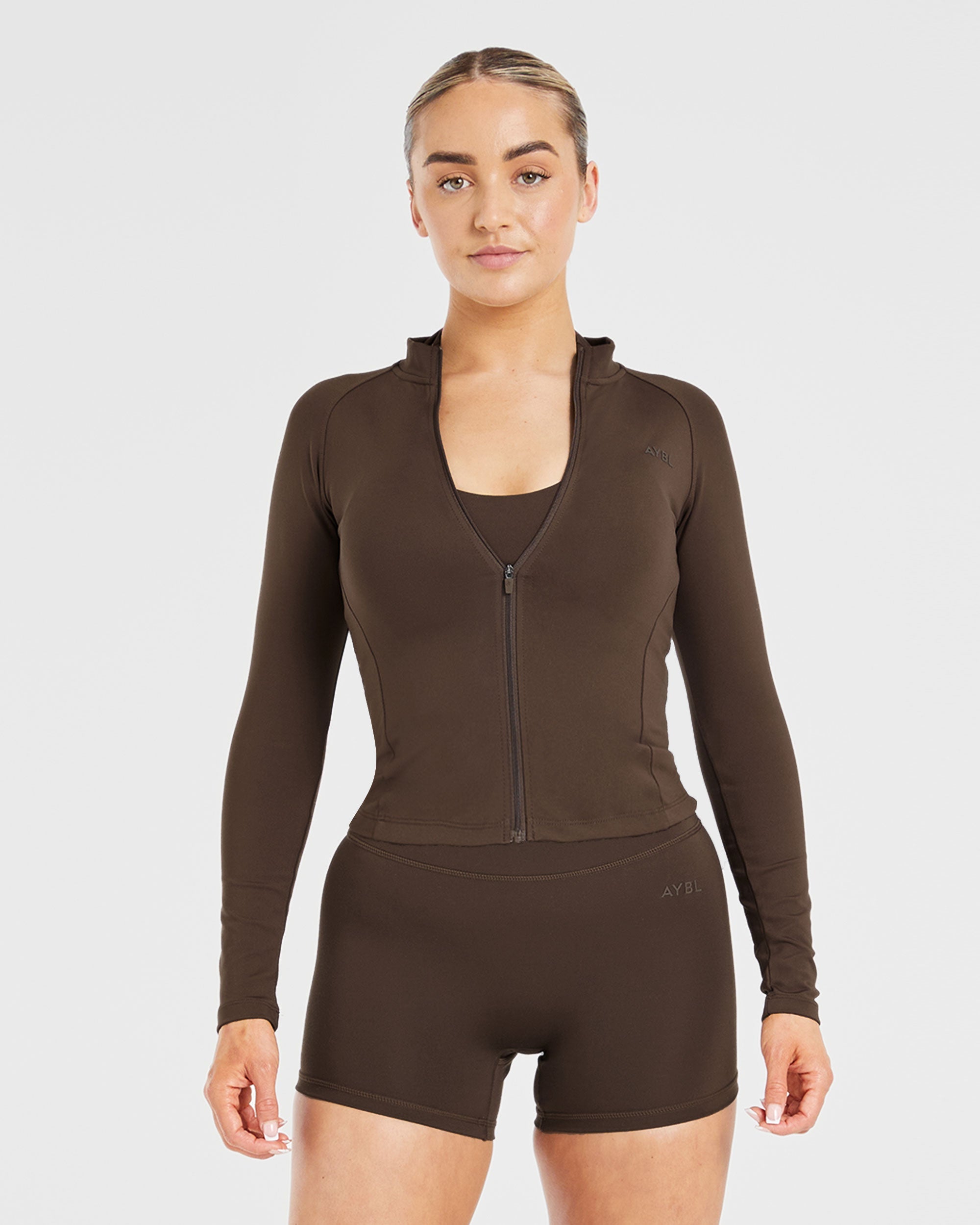 Chaqueta de Cierre con Zipper de Línea Larga - Marrón
