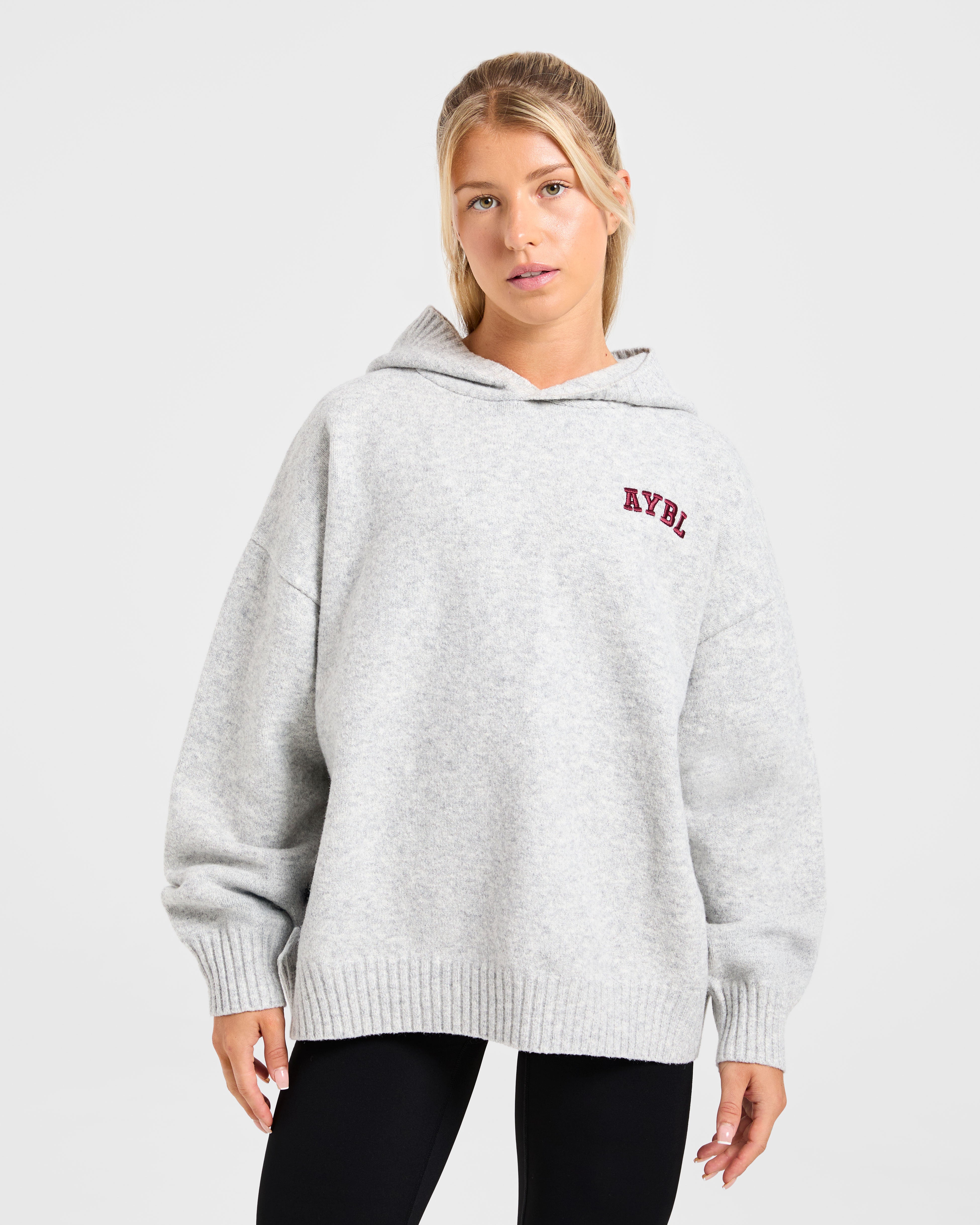 Sudadera Oversized de Lana Minimal Logo Varsity - Gris Marfil/Borgoña