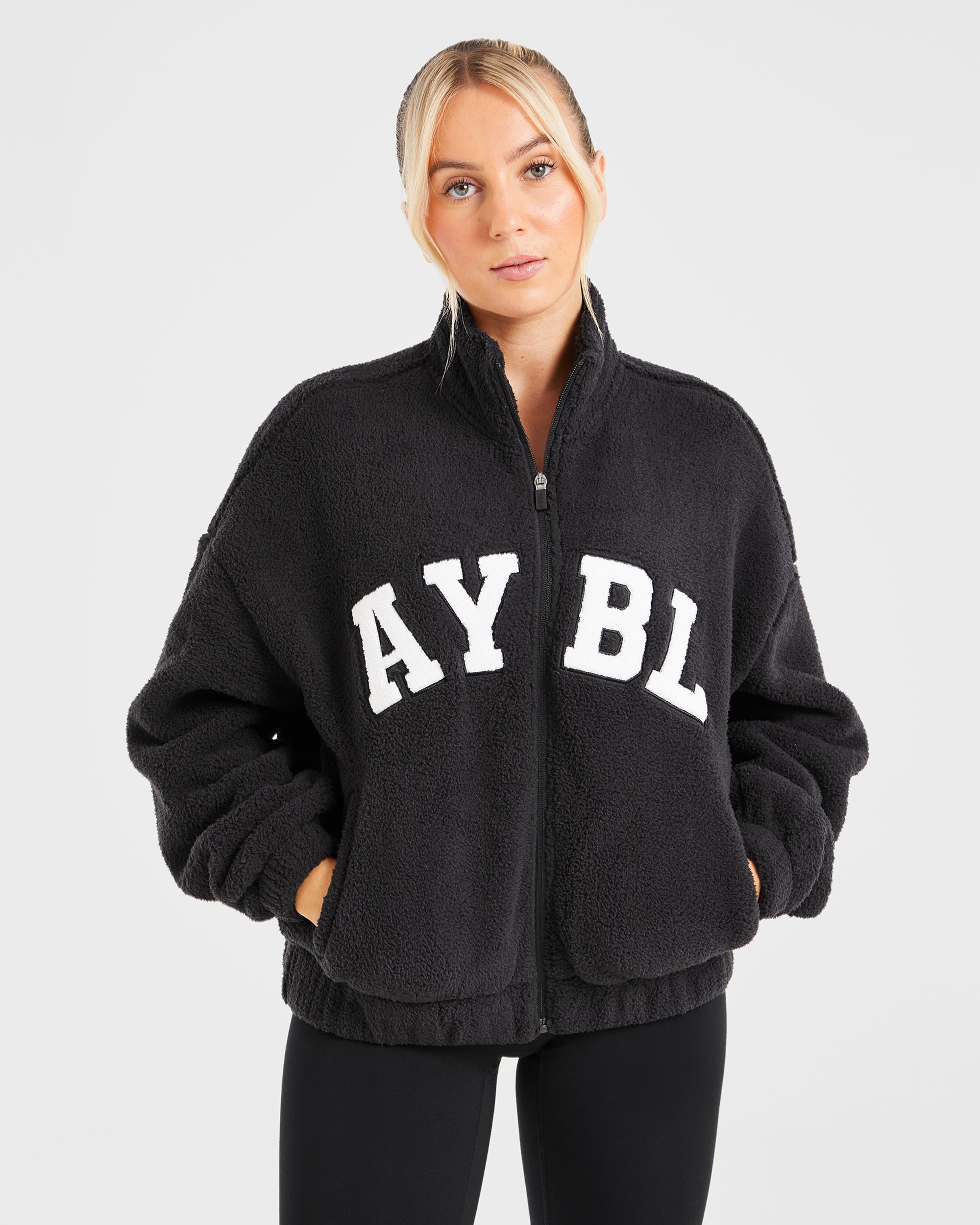 Chaqueta de Fleece Oversized con Cremallera Varsity - Negro