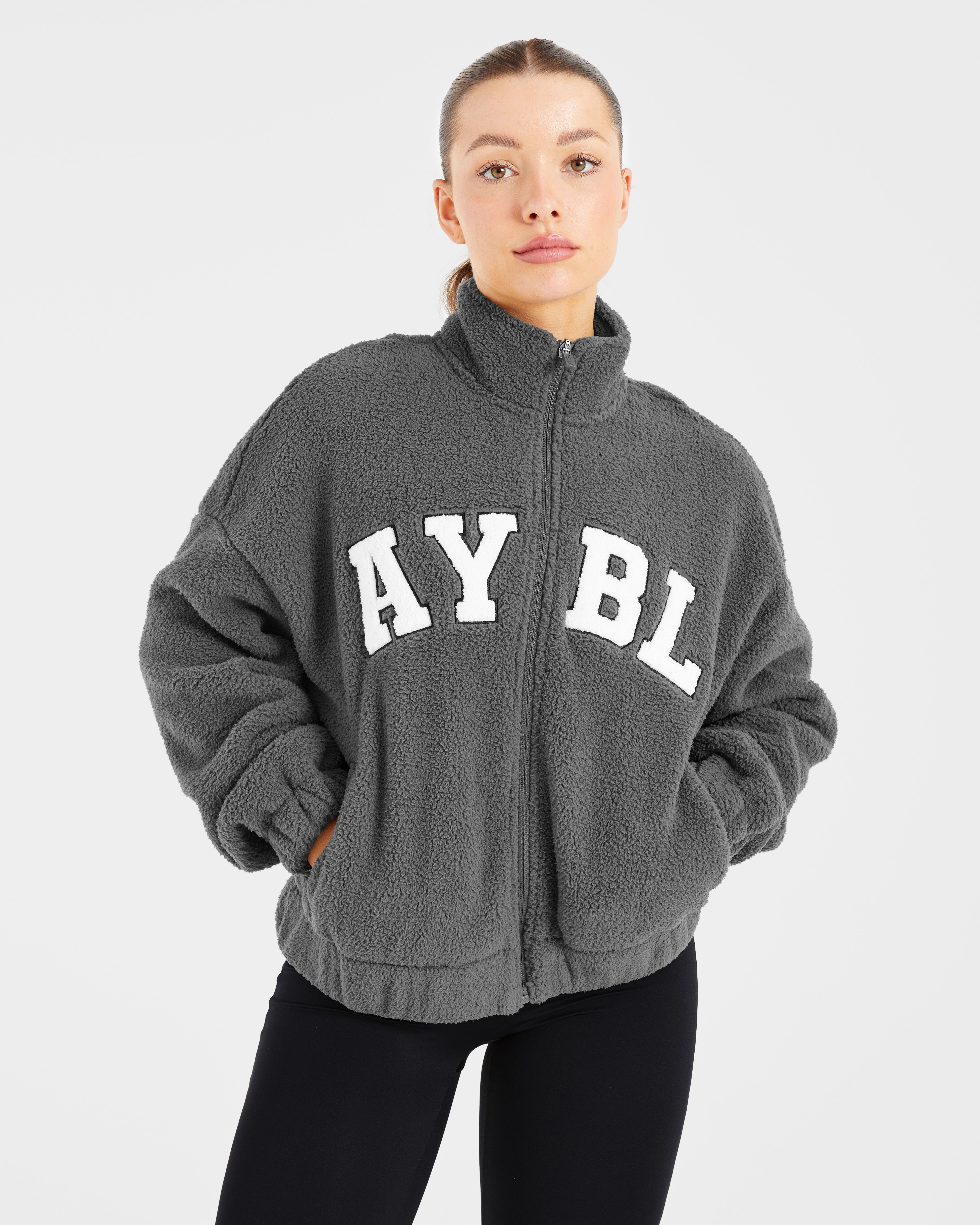 Chaqueta de Fleece Oversized con Cremallera Varsity - Gris