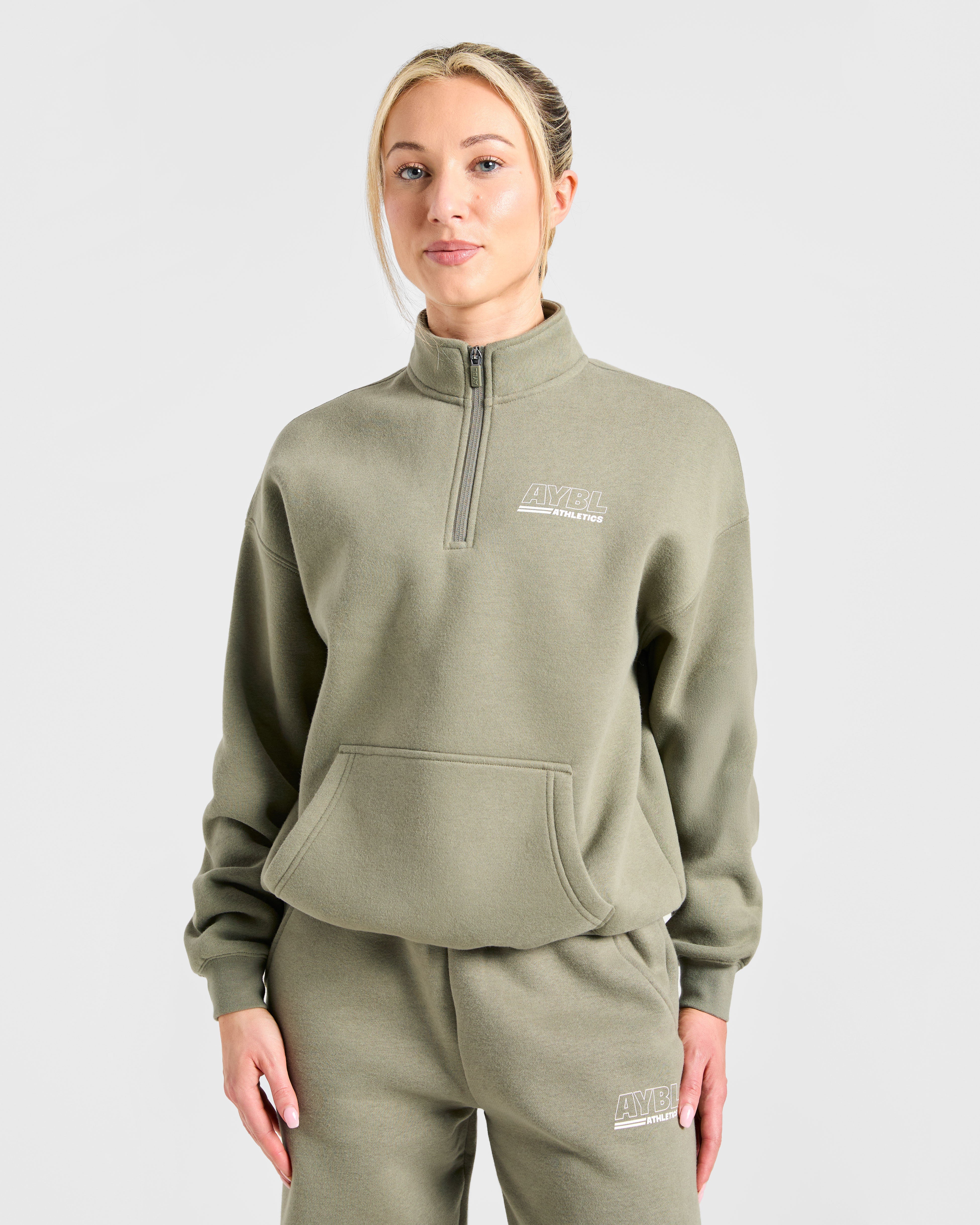 Pullover Oversized de Pista De Atletismo con Cierre de 1/4 - Olivo Apagado